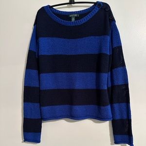 Lauren Ralph Lauren Navy and Royal Blue Stripe Crew Neck Sweater, Size L